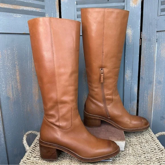 J. Crew Knee High Stacked-Heel Leather Boots Burnished Sand Sz 10.5 - Picture 9 of 16